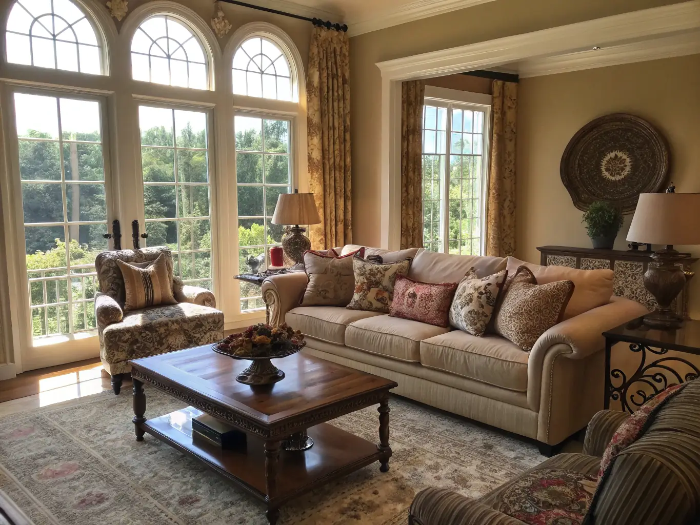 A clean and tidy living room with sunlight streaming through the windows, showcasing a freshly cleaned home environment.