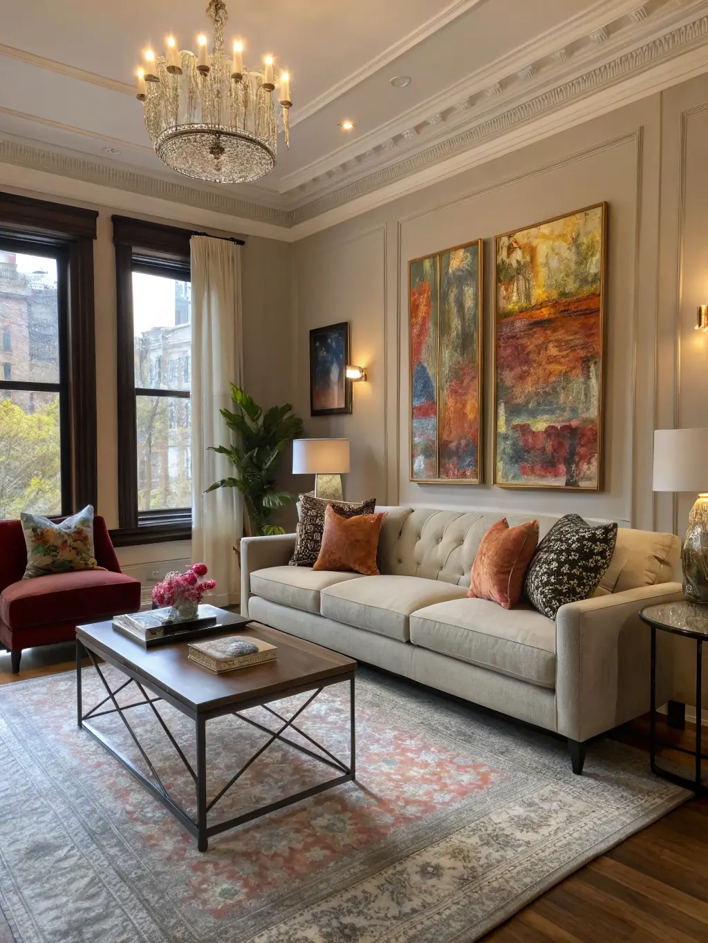 A brightly lit, spotless living room with gleaming hardwood floors and perfectly arranged furniture, showcasing the results of a professional residential cleaning service.