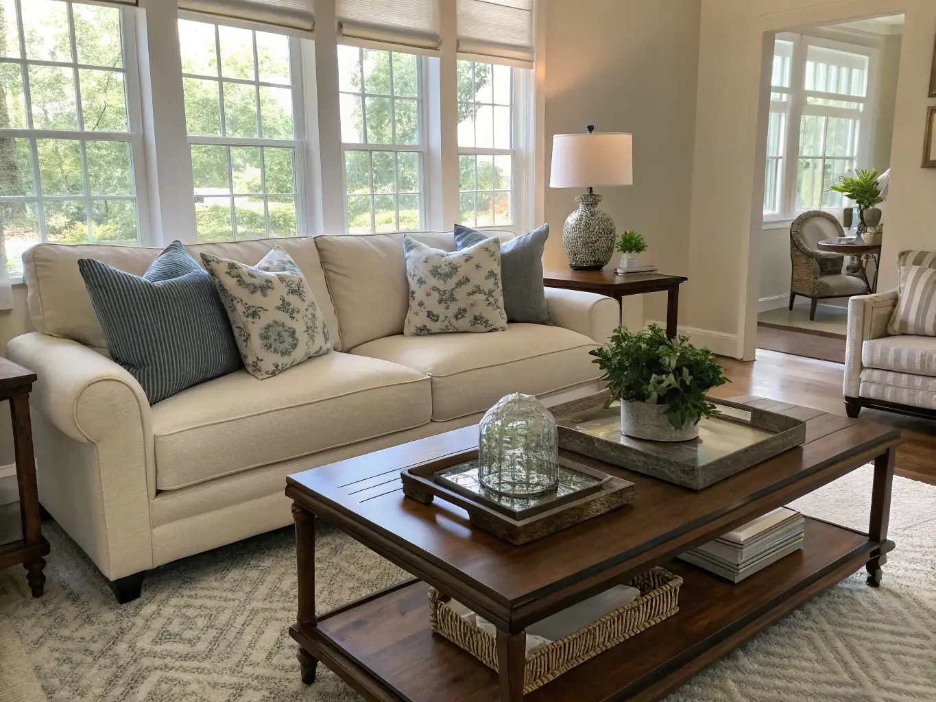 A clean and organized living room with sunlight streaming through the windows, showcasing the results of a residential cleaning service.