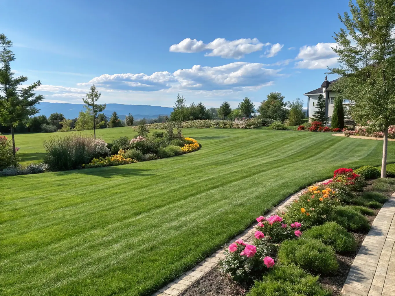 A well-manicured lawn and clean outdoor patio, demonstrating the benefits of professional outdoor cleaning services.