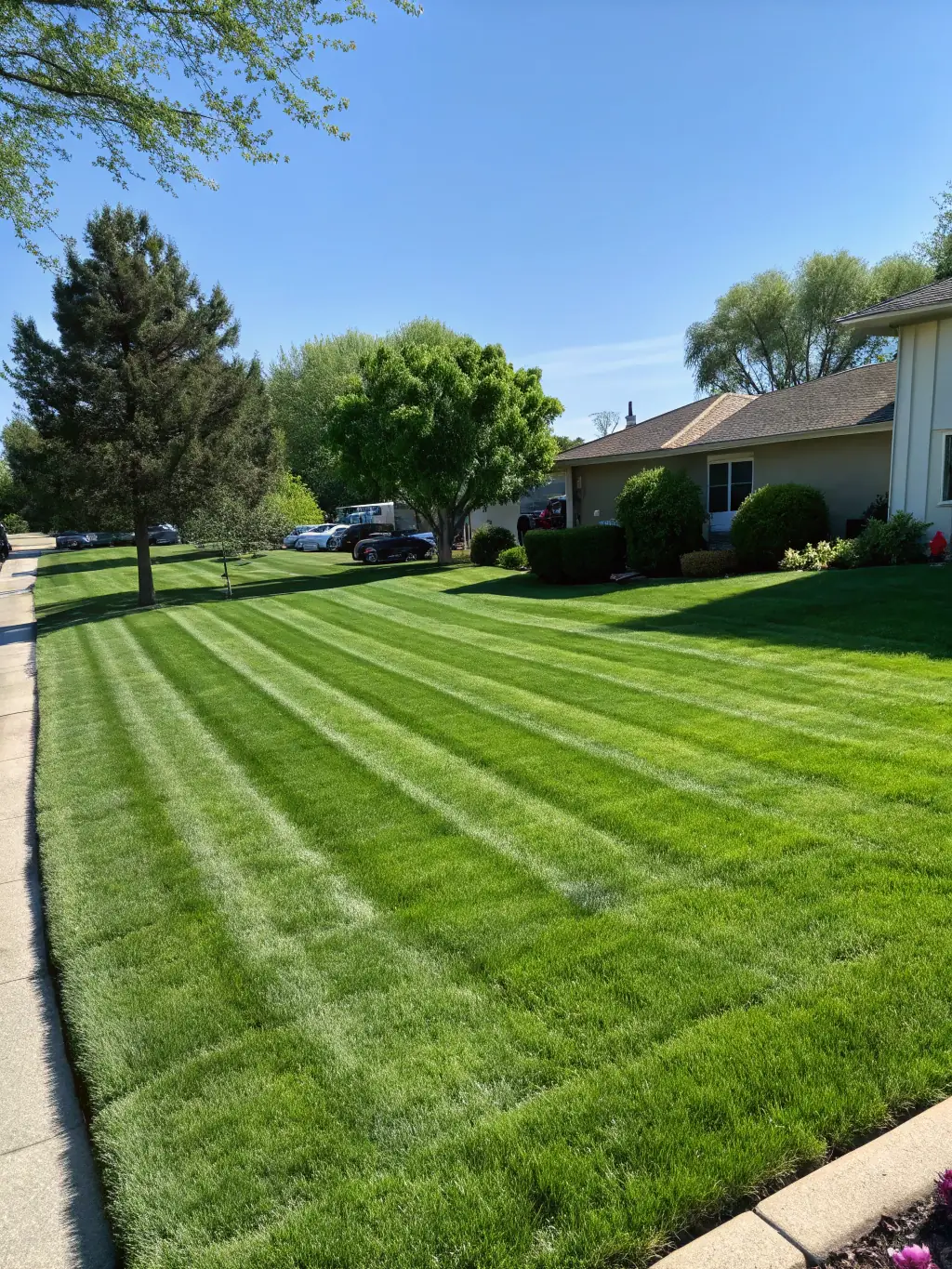 A lush green lawn with neatly trimmed hedges and a clean patio area, demonstrating the comprehensive lawn and outdoor cleaning services provided.